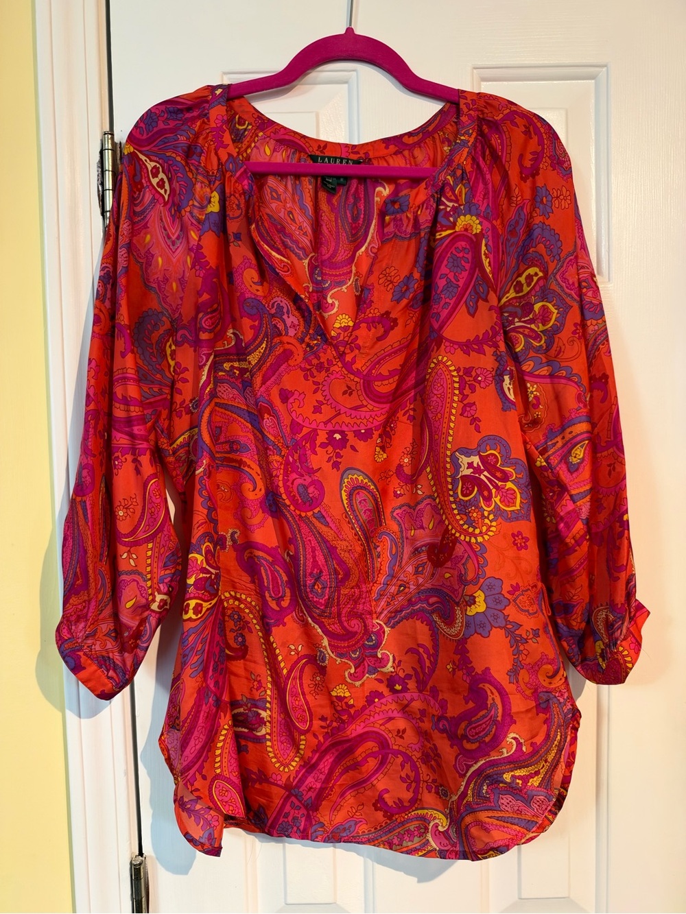 Lauren Ralph Lauren Red and Pink Paisley Silk Blouse